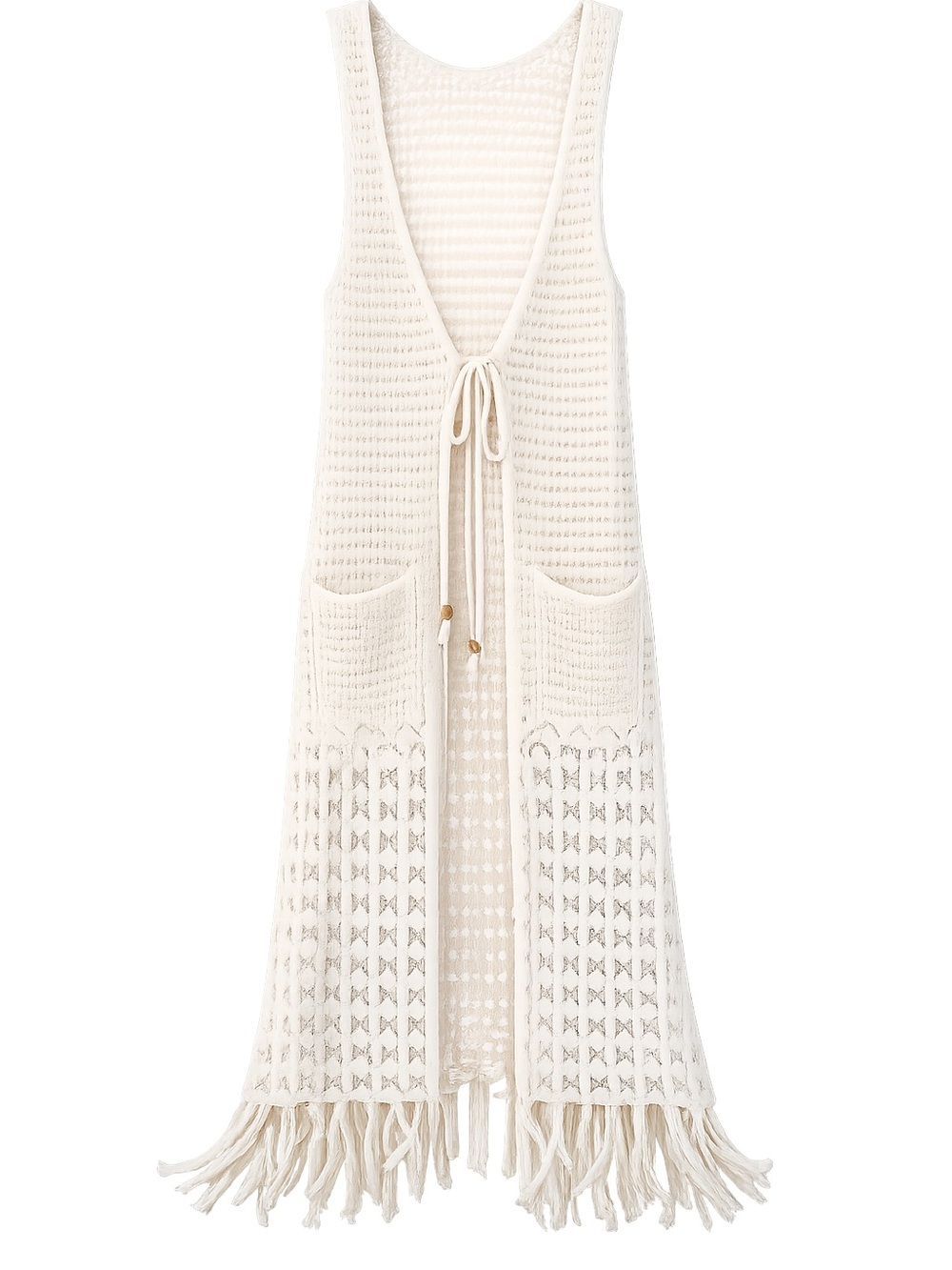 Three Bird Nest Cream Crochet Fringe Open-Front Duster